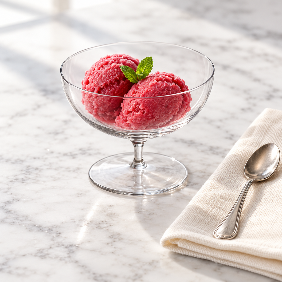 Short-stem crystal coupe serving raspberry sorbet