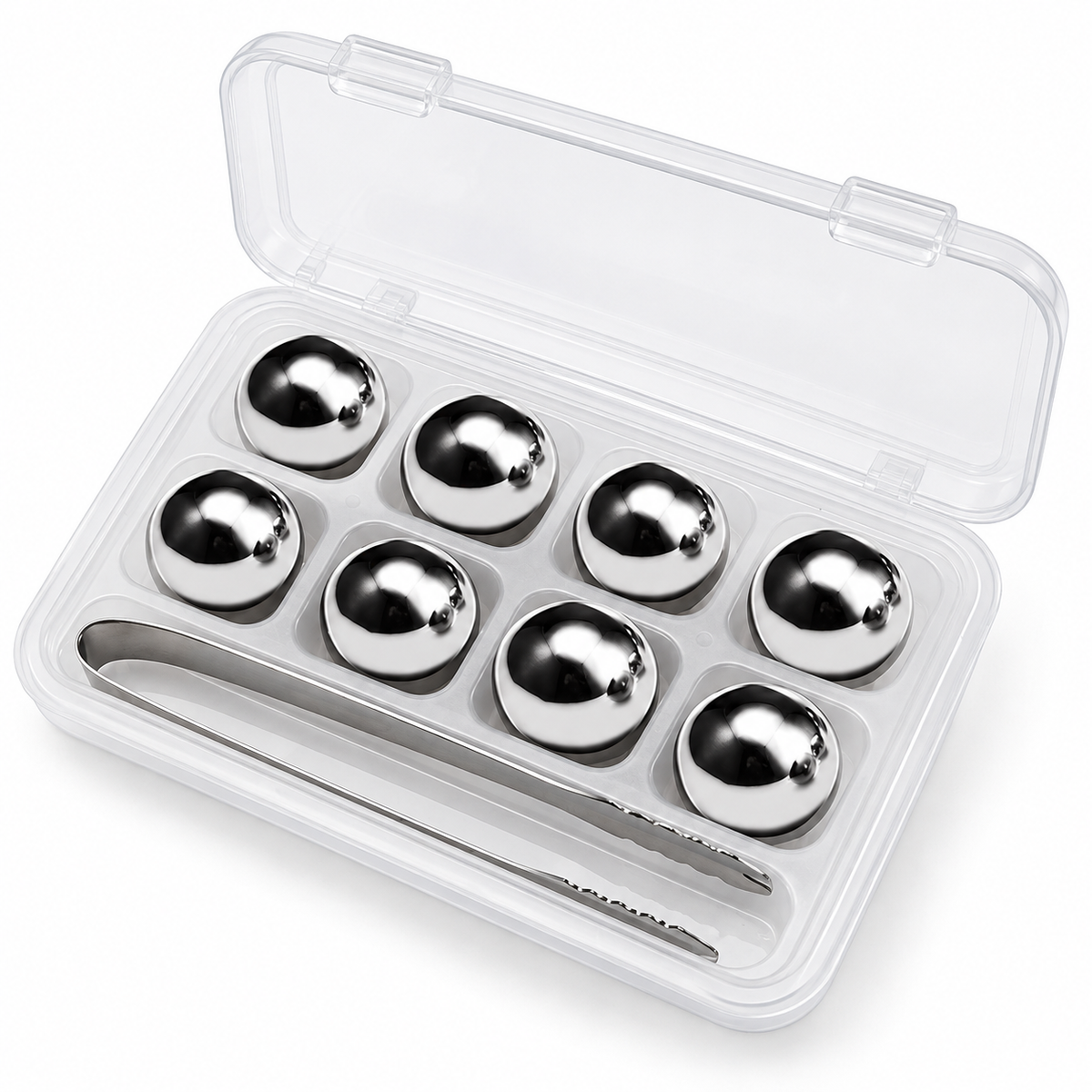 Circular eight-piece whiskey cooling set in its clear storage box with tongs on white.