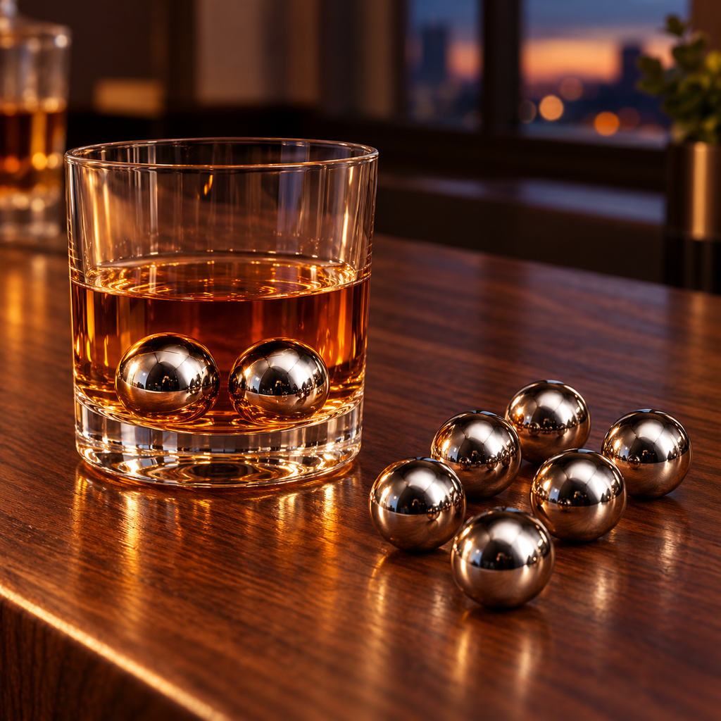 Circular whiskey cooling pieces in and beside a drink, with eight pieces shown. Beverage, glass and styling props are not included.