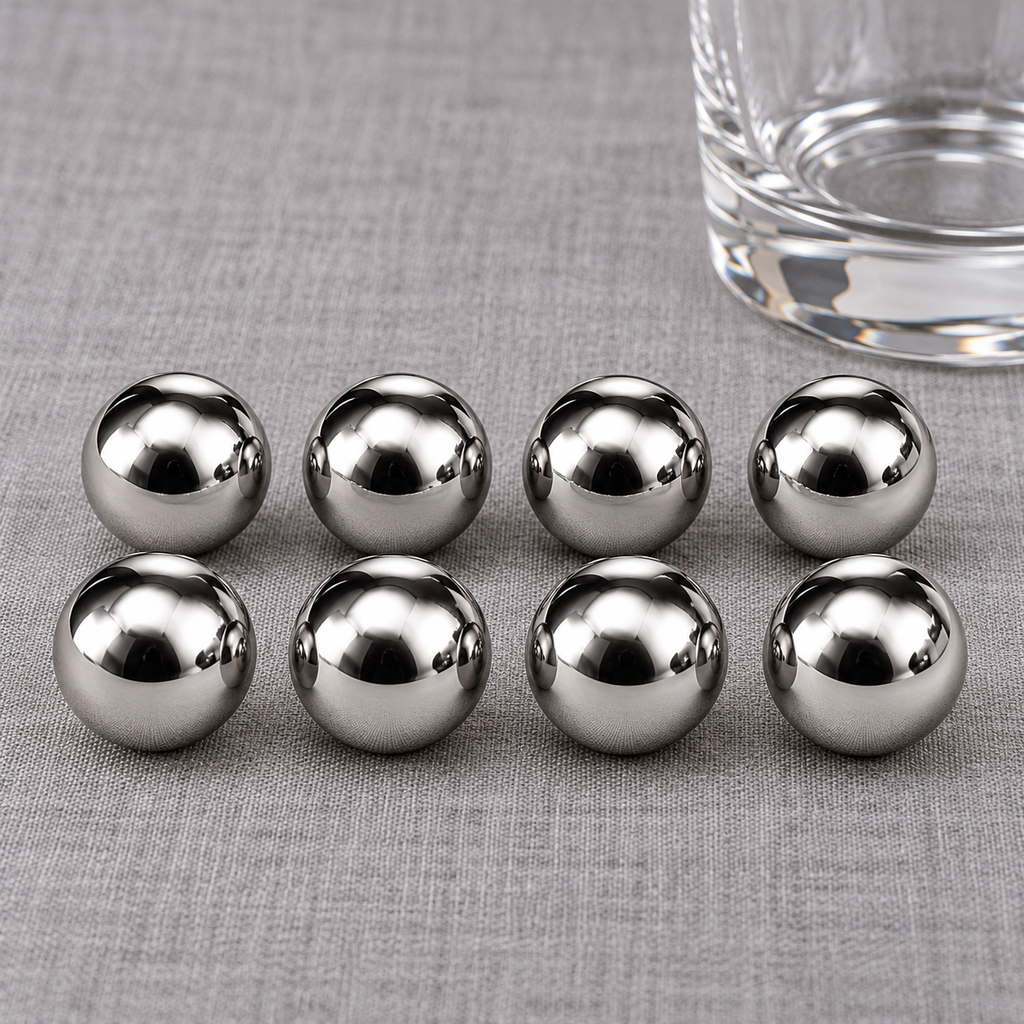 Eight circular whiskey cooling pieces in two rows. Glass and linen are styling props and are not included.