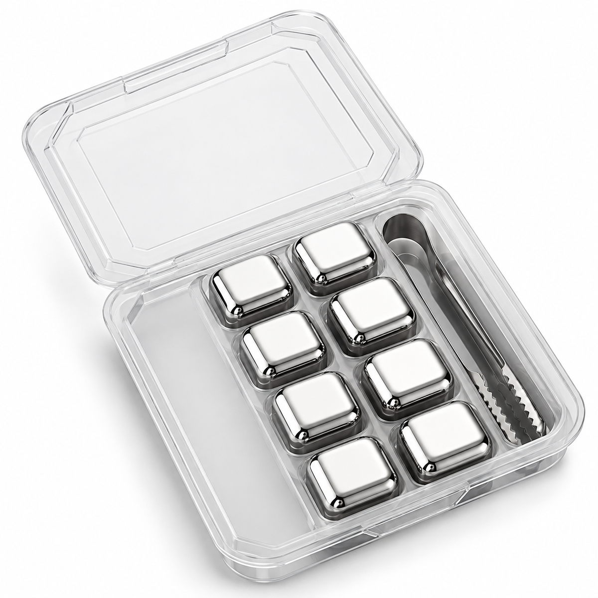 Square eight-piece whiskey cooling set in its clear storage box with tongs on white.