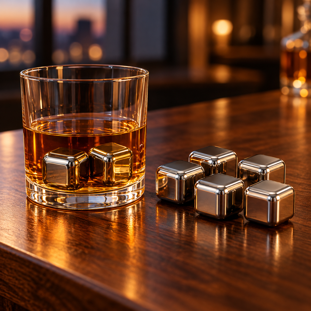 Square whiskey cooling pieces in and beside a drink, with eight pieces shown. Beverage, glass and styling props are not included.