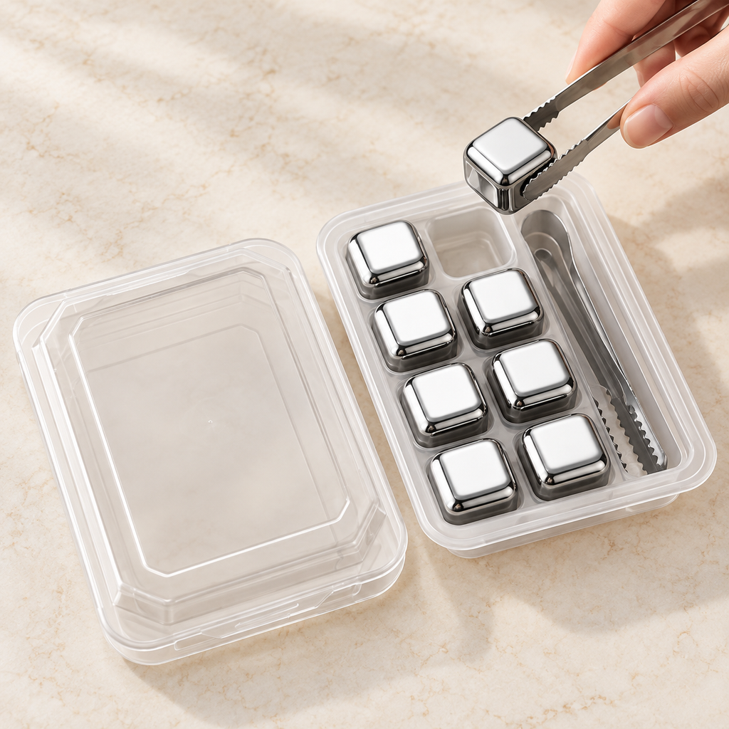 Square eight-piece whiskey cooling set, with one piece lifted by tongs and seven in the storage tray.