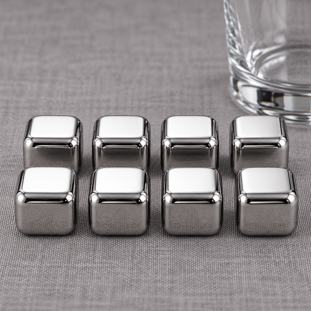 Eight square whiskey cooling pieces in two rows. Glass and linen are styling props and are not included.