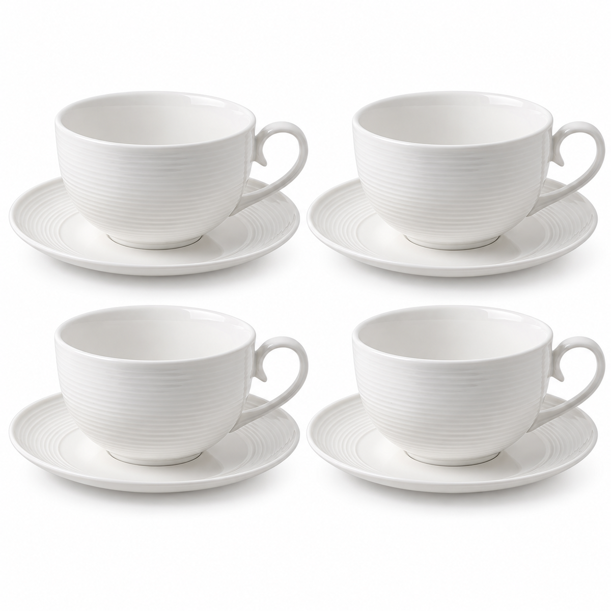 Four white ribbed ceramic cappuccino cups with four matching saucers on a white background.