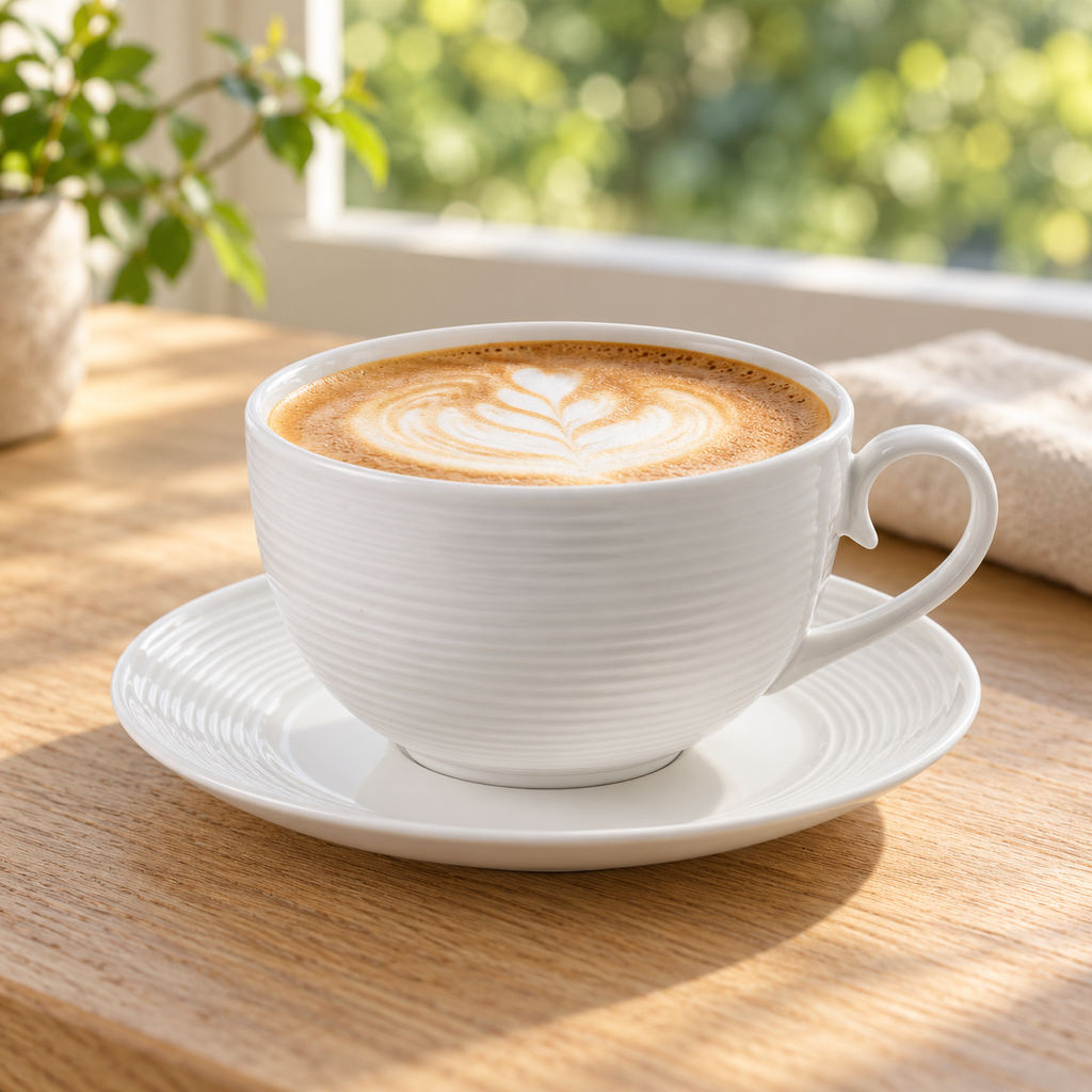 White ribbed cup and saucer with cappuccino beside a sunlit window.