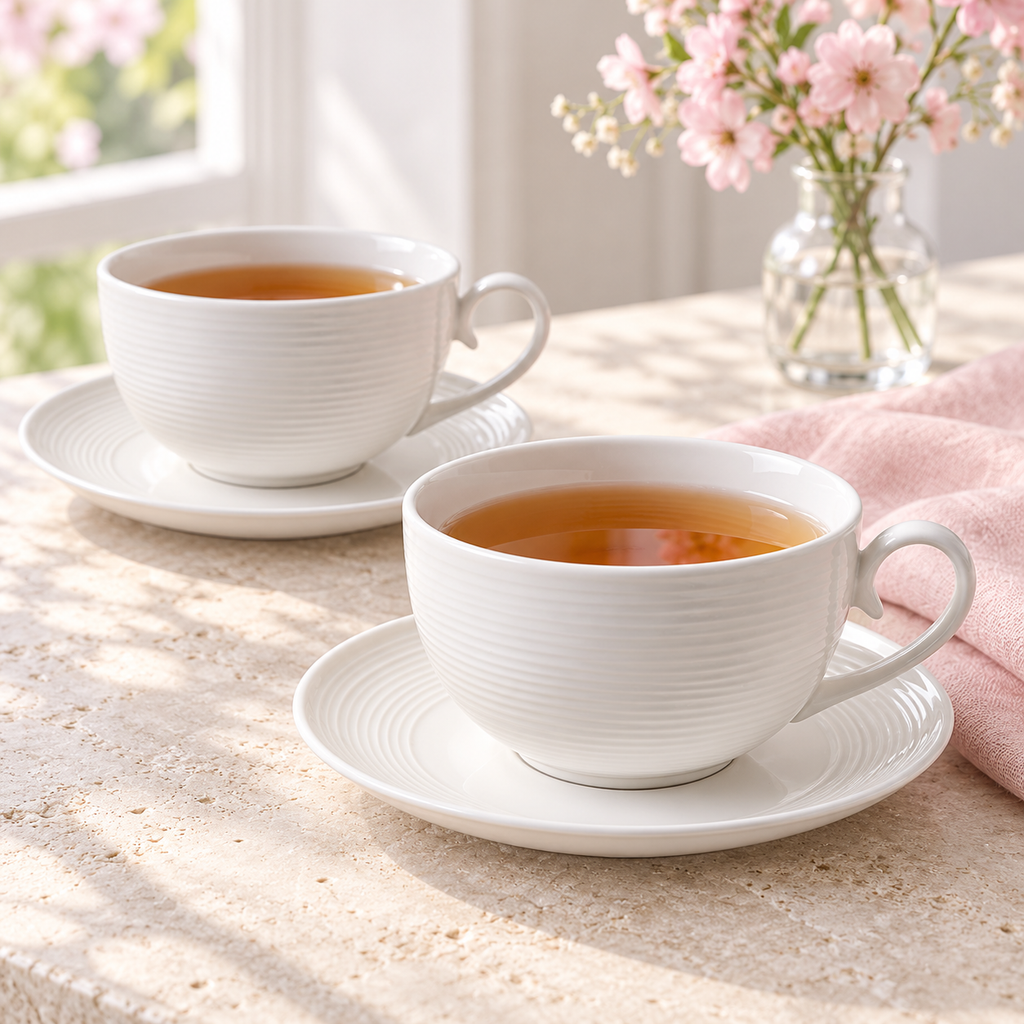 Two white ribbed cups and matching saucers with tea in a pink-and-white afternoon setting; props not included.