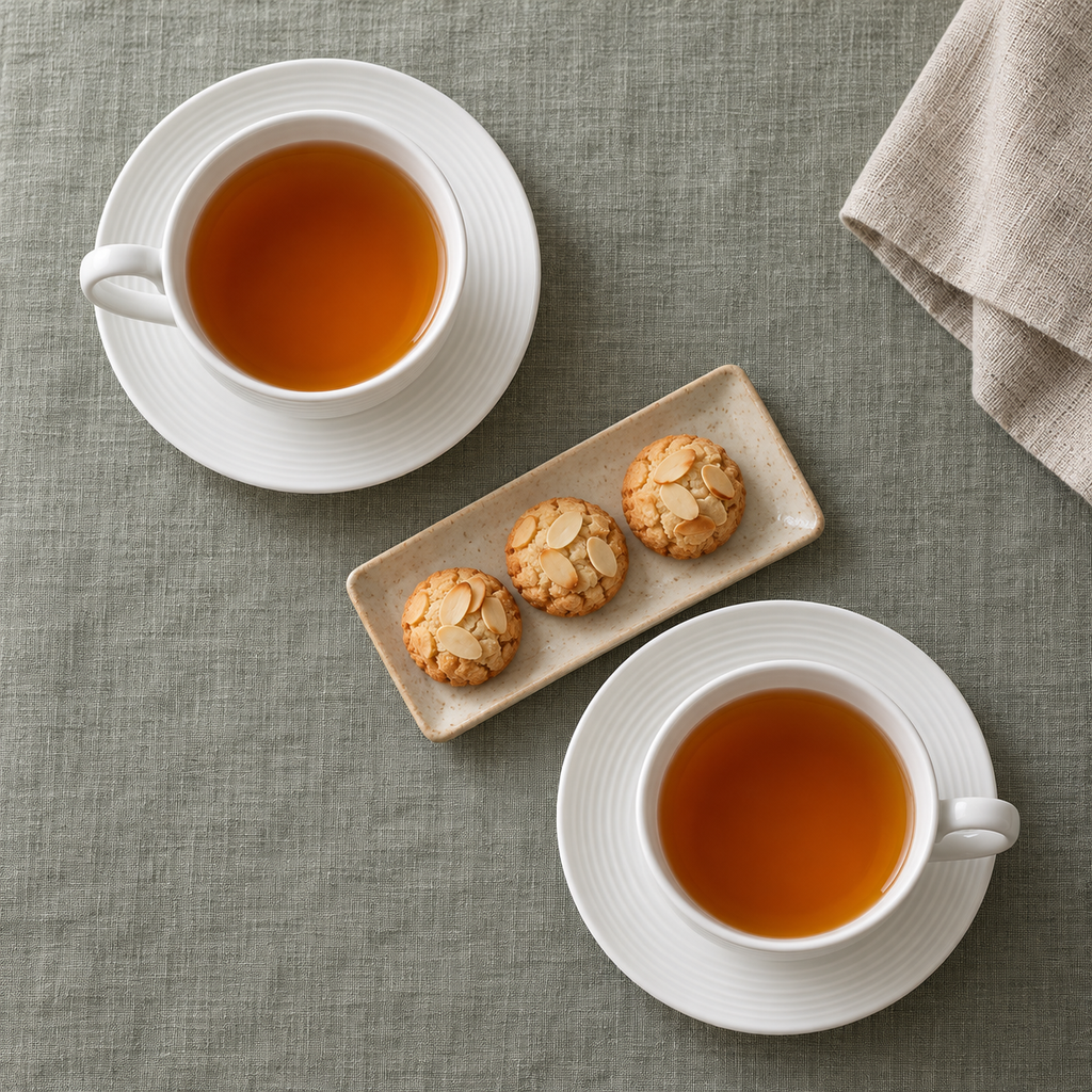 Overhead view of two white ribbed cups of tea on matching saucers; other objects are styling.