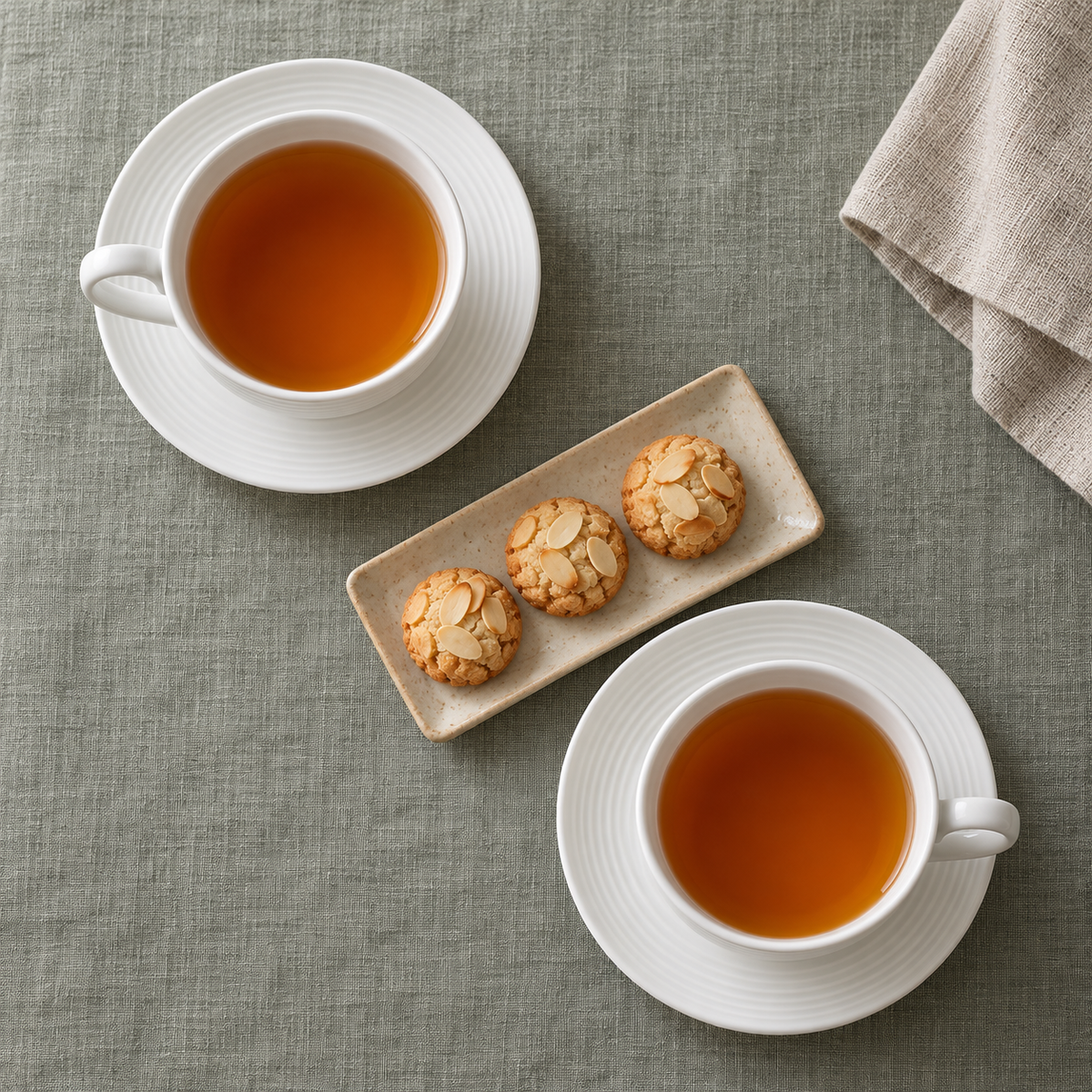 Overhead view of two white ribbed cups of tea on matching saucers; other objects are styling.