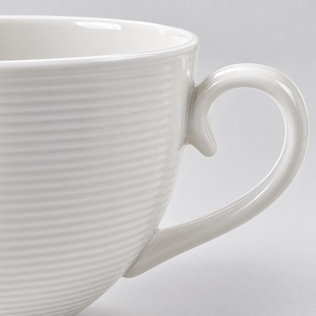 Close-up of the fine horizontal ribbing and curled handle of the white ceramic cup.