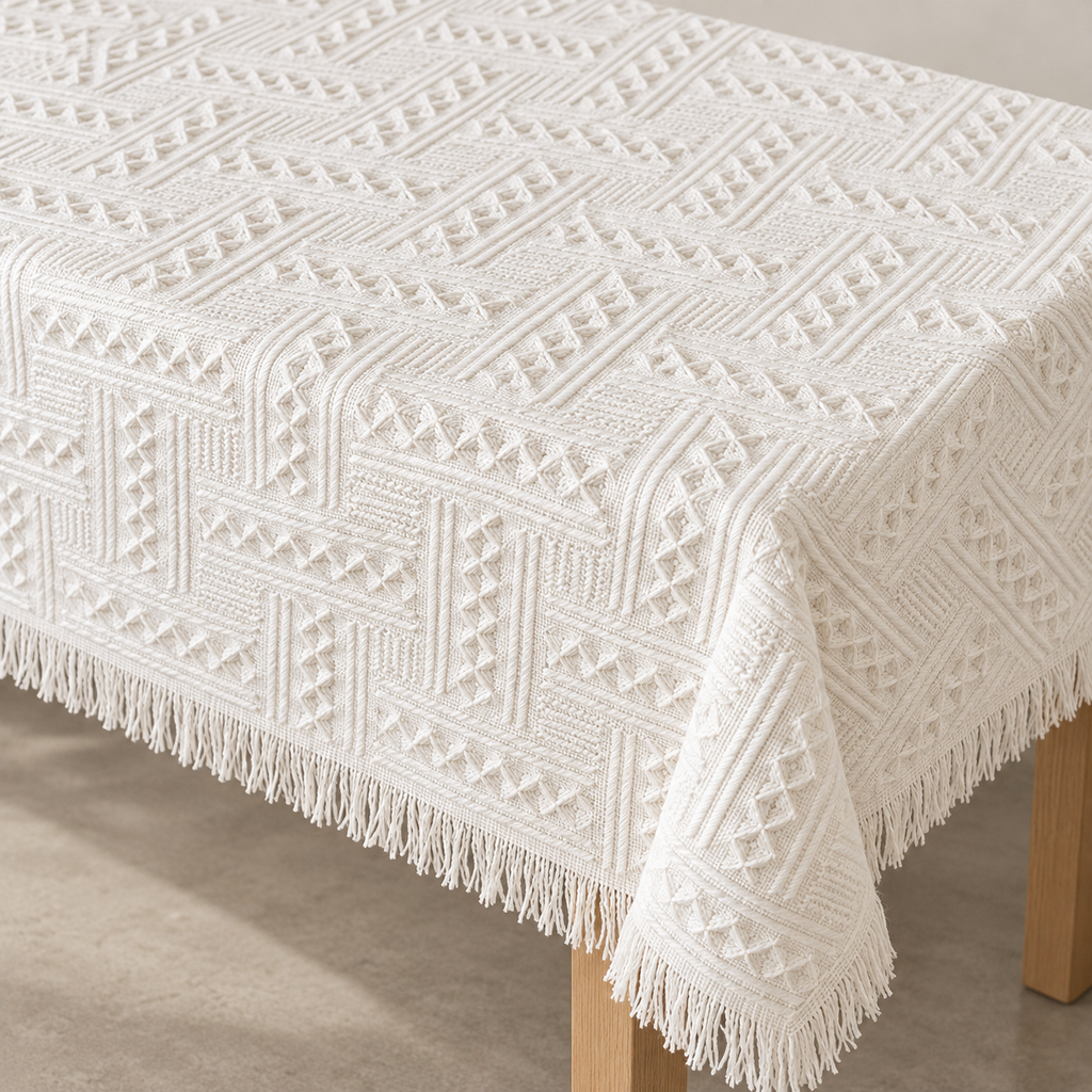 T-type woven geometric pattern and fringe detail