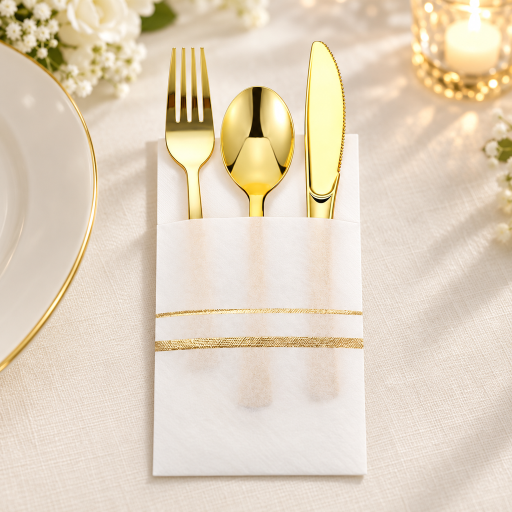 One sample white and gold pocket napkin with gold plastic fork, spoon and serrated knife in a banquet setting. Selling pack contains 25 sets; plates, flowers and candles are not included.
