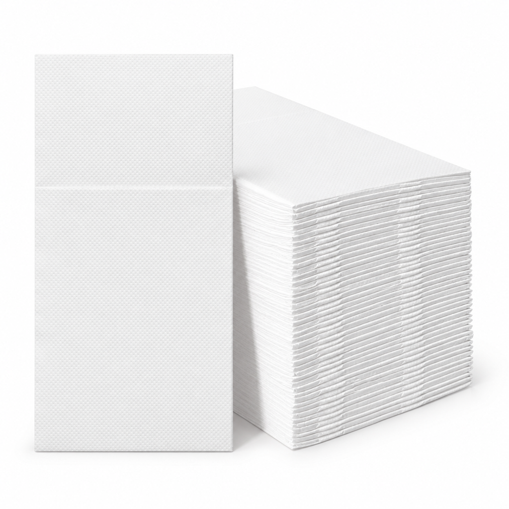 White cutlery pouch and stack on a clean white background. Representative product arrangement.