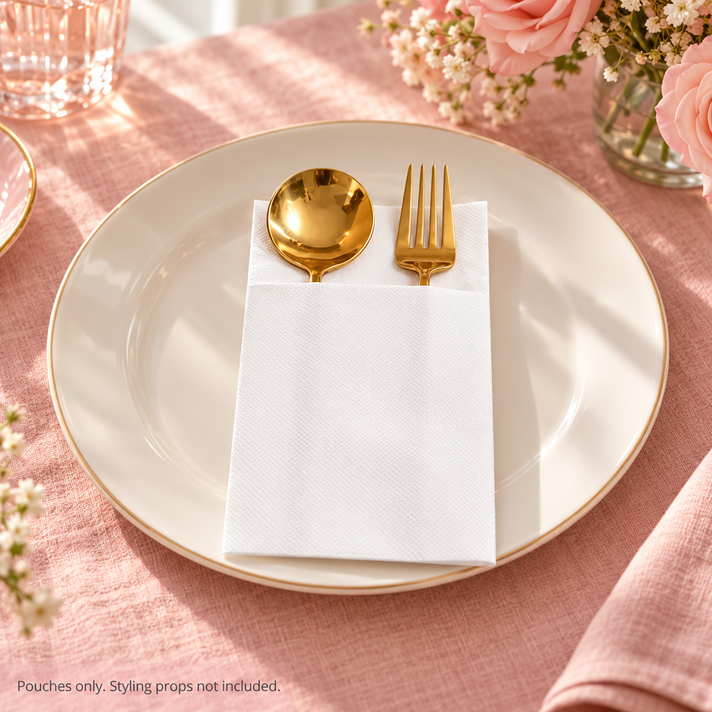 White cutlery pouch styled with a gold spoon and fork on a pink-and-white table. Pouch only; styling props not included.