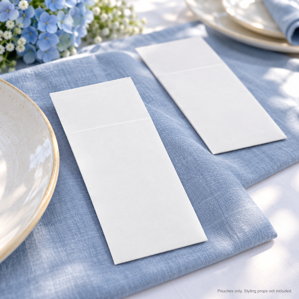 Empty white cutlery pouches styled on blue-and-white table linen. Pouches only; styling props not included.