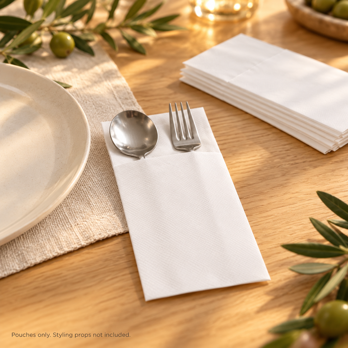 White cutlery pouch styled with a silver spoon and fork on a natural wood table. Pouch only; styling props not included.
