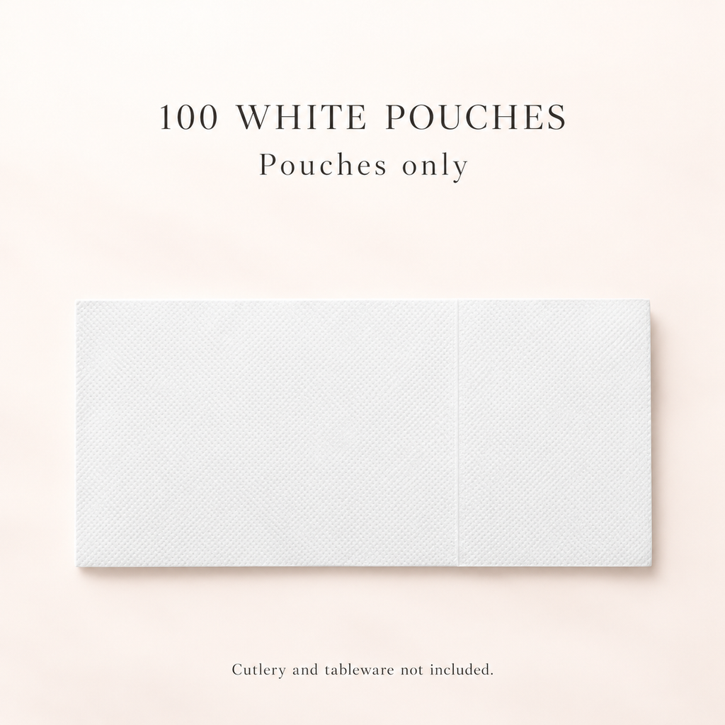 100 white cutlery pouches. Cutlery and tableware are not included; representative pouch shown.