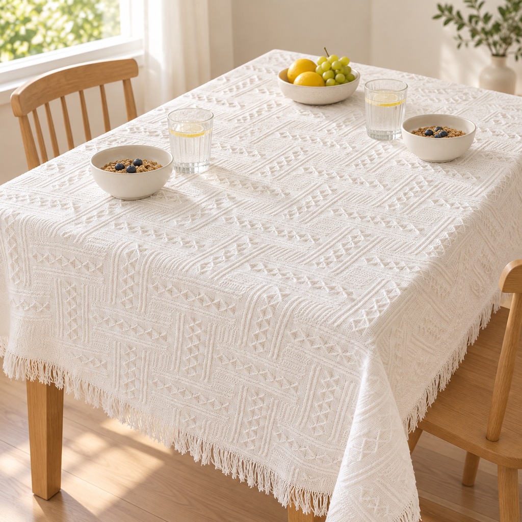 Off-white T-type tablecloth in a breakfast setting