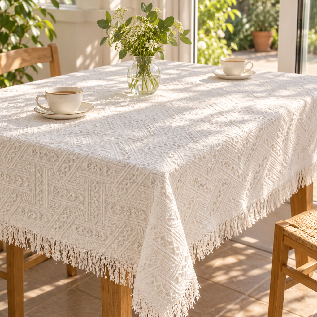 Off-white T-type tablecloth in an afternoon tea setting