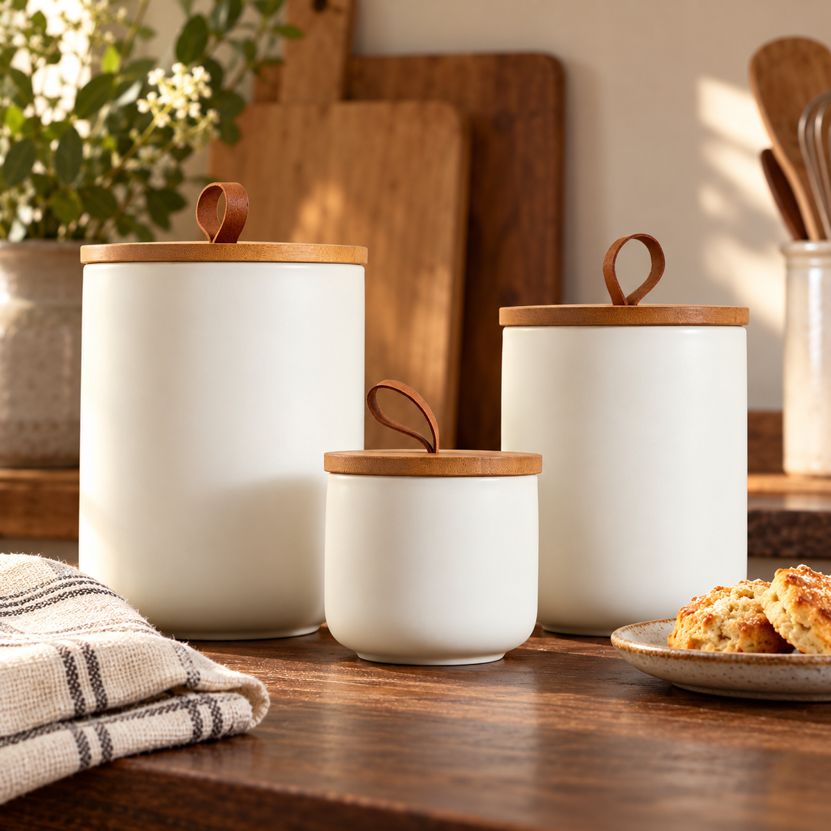 Large white lidded canister beside biscuits