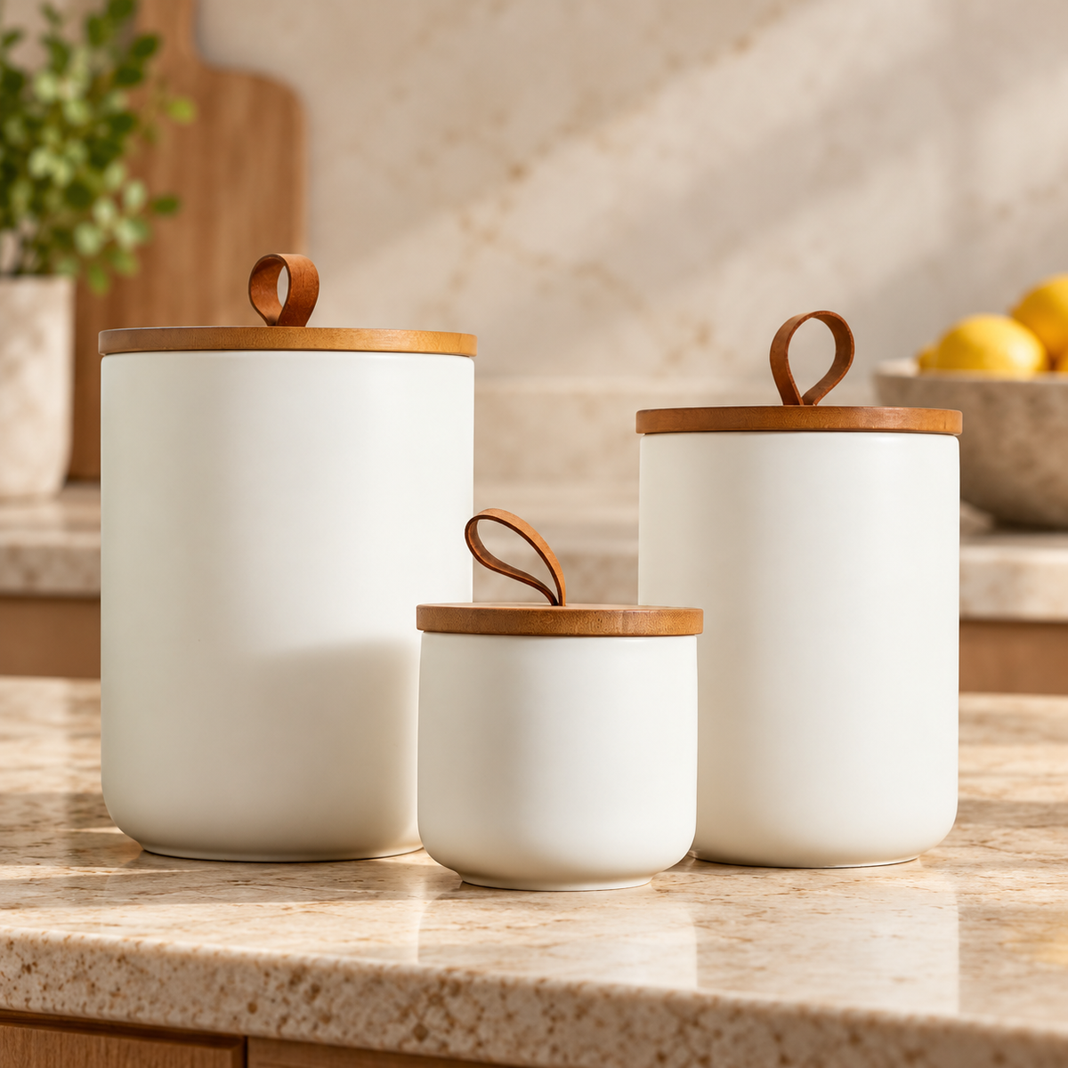 White lidded canisters arranged on a kitchen counter