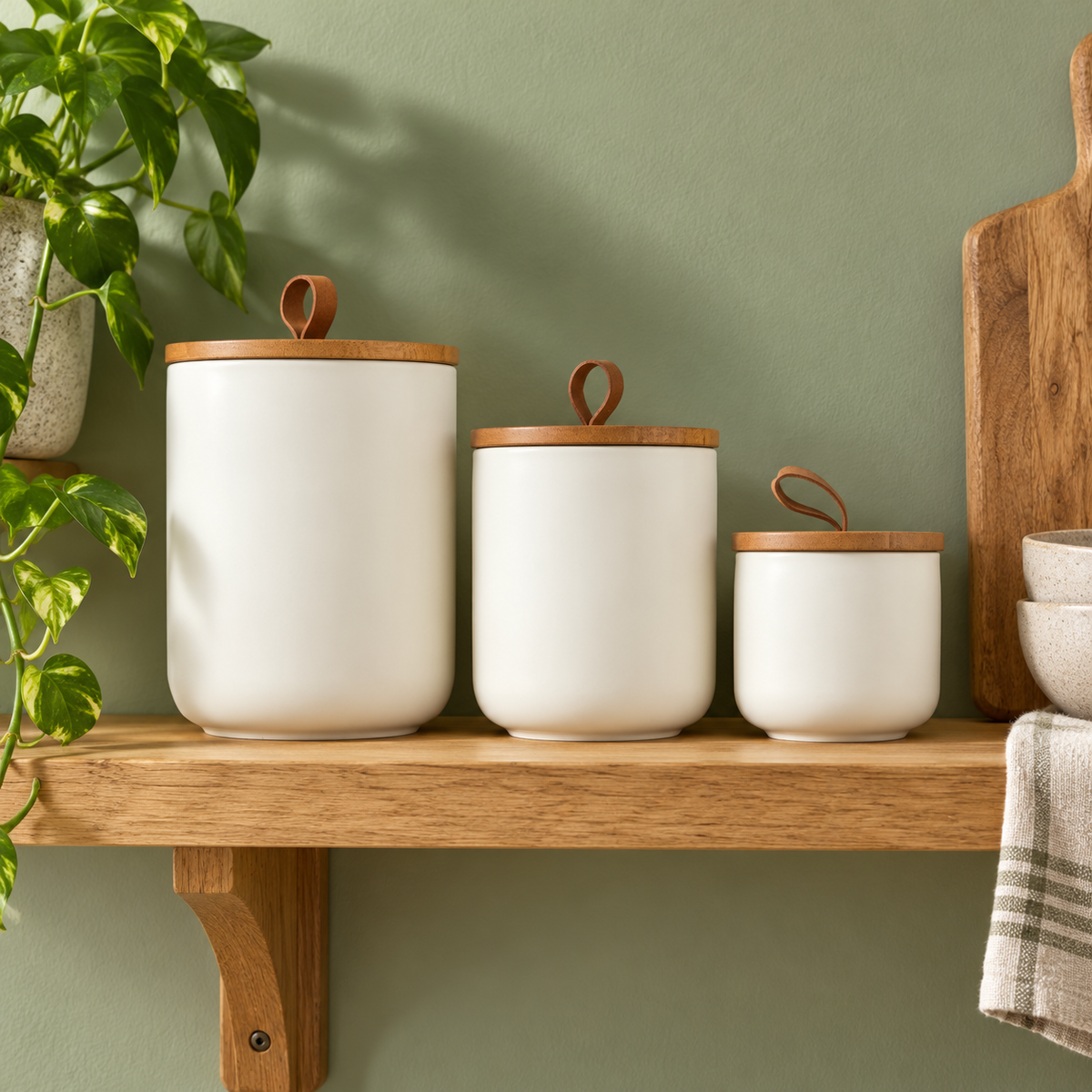 Three white lidded canisters on an open kitchen shelf