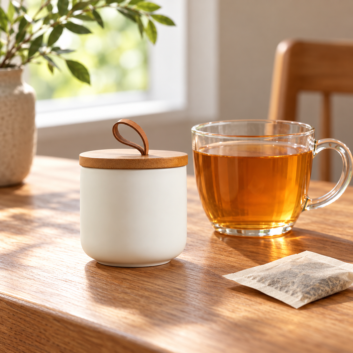 Small white lidded canister beside a cup of tea