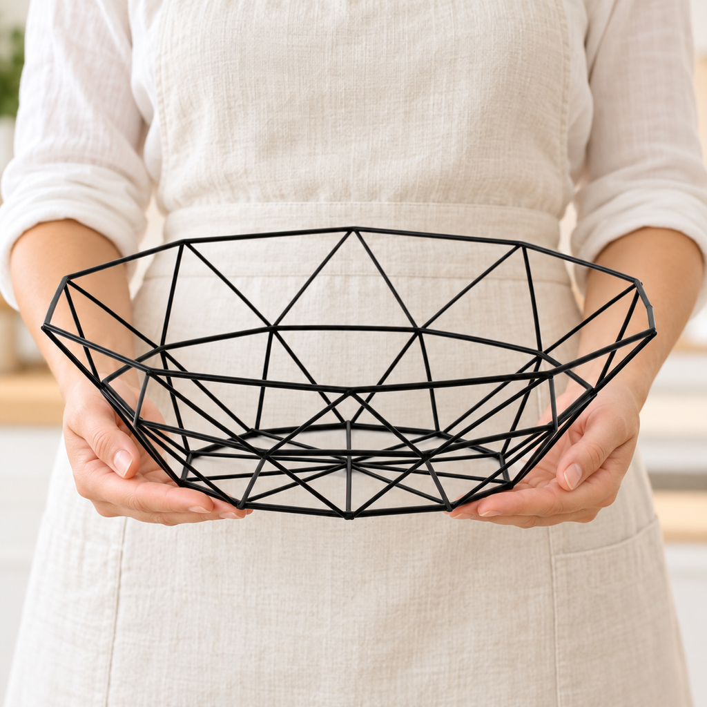 Adult hands holding the empty black wire basket in side profile