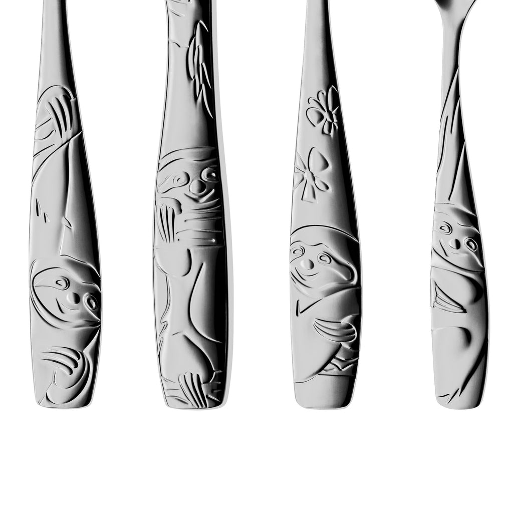 Manufacturer detail of the four distinct Sloth Tommi handle engravings: fork, knife, large spoon and small spoon.