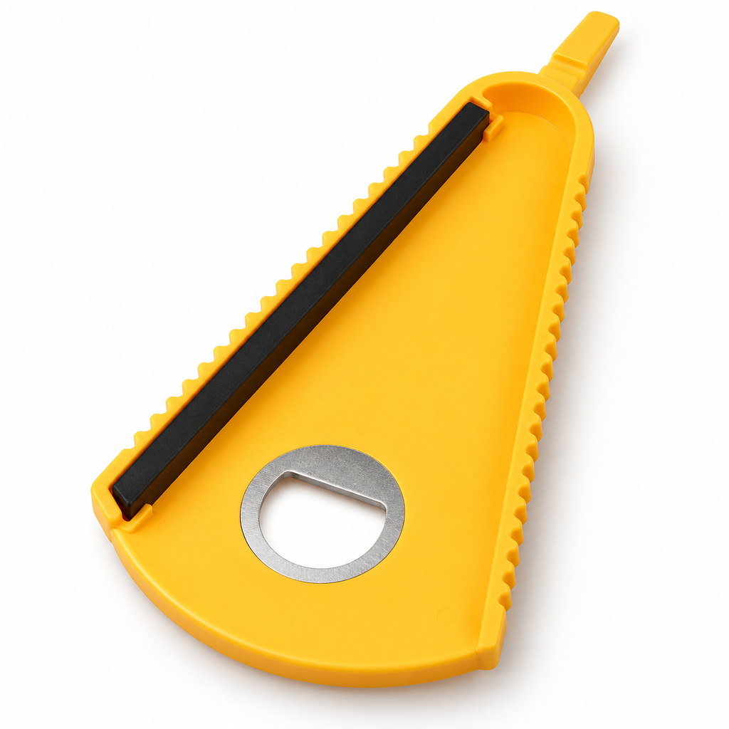 Yellow wedge-shaped jar and bottle opener on white, with black grip strip and silver bottle-cap opening.