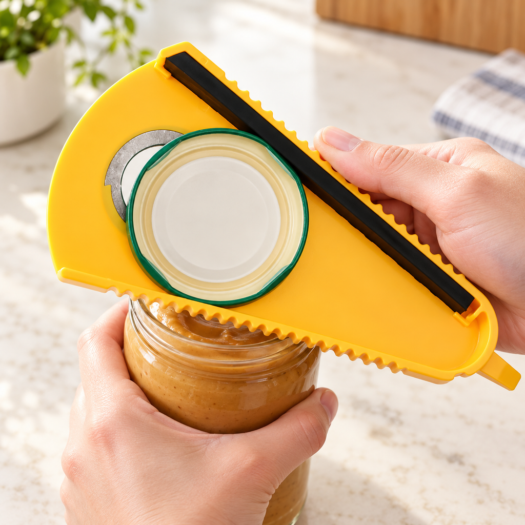 Yellow jar opener gripping a wide jar lid with its black strip; jar and food are styling props, not included.