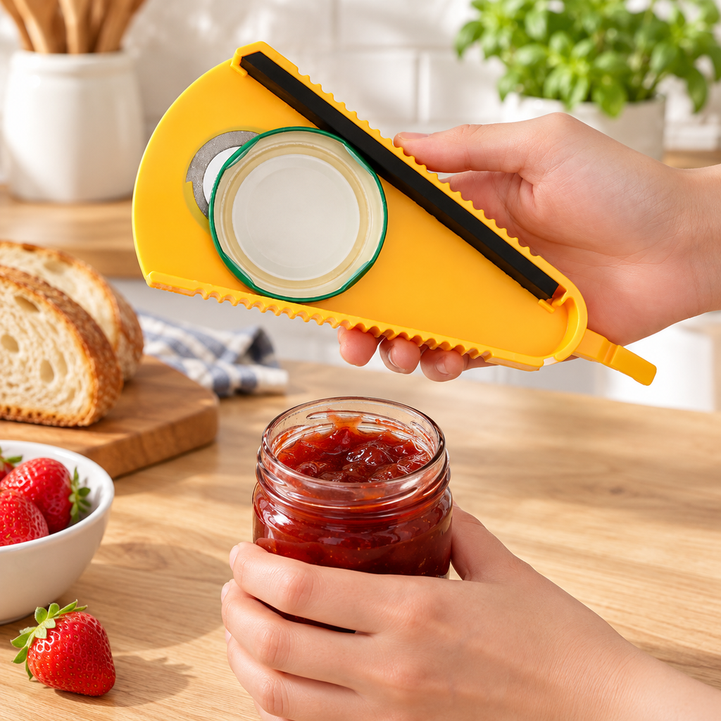 Yellow jar opener holding a removed lid above an open jam jar; jar, food and tableware are styling props, not included.