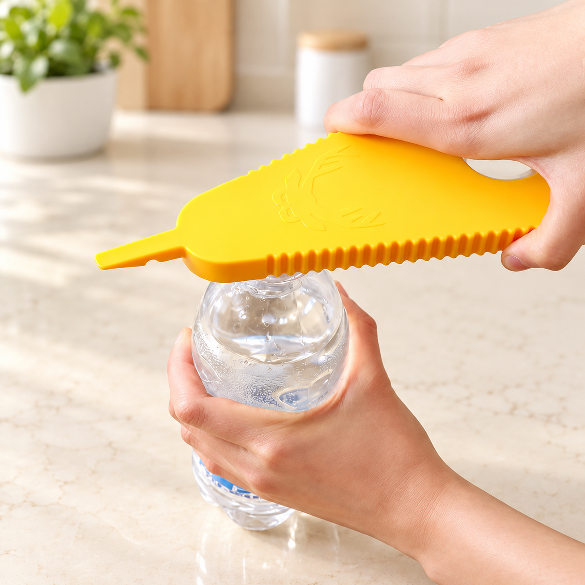 Yellow opener shown exterior-side up while opening a water bottle; bottle is a demonstration prop, not included.
