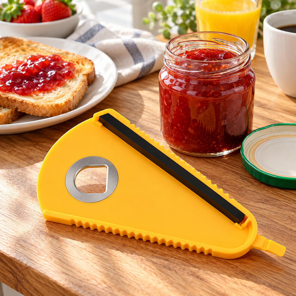 Yellow jar opener at a breakfast setting; food, jars, glassware and tableware are styling props, not included.