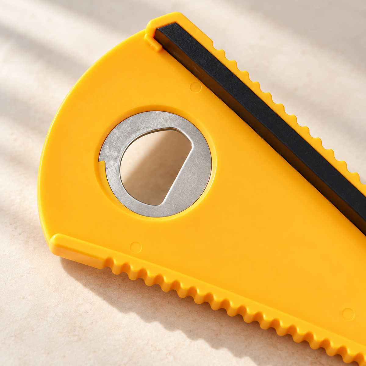 Close detail of the yellow opener's silver bottle-cap opening, black grip strip and ridged edge.