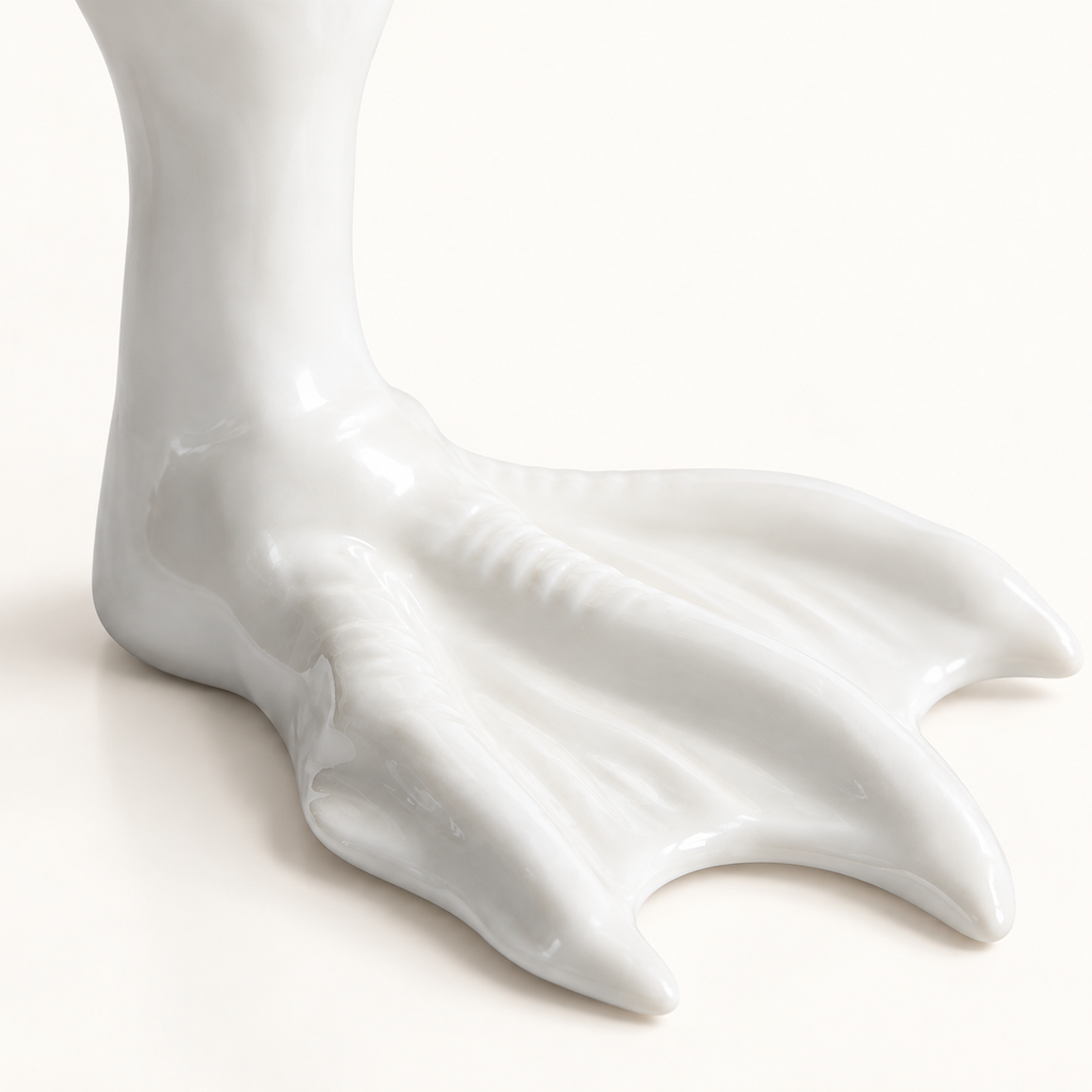 Close detail of sculpted white ceramic webbed foot base