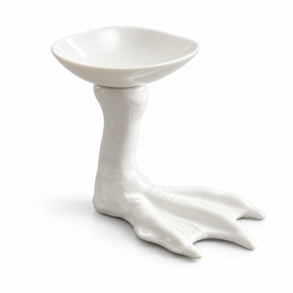 Shallow white ceramic dish on webbed goose-foot pedestal, on white