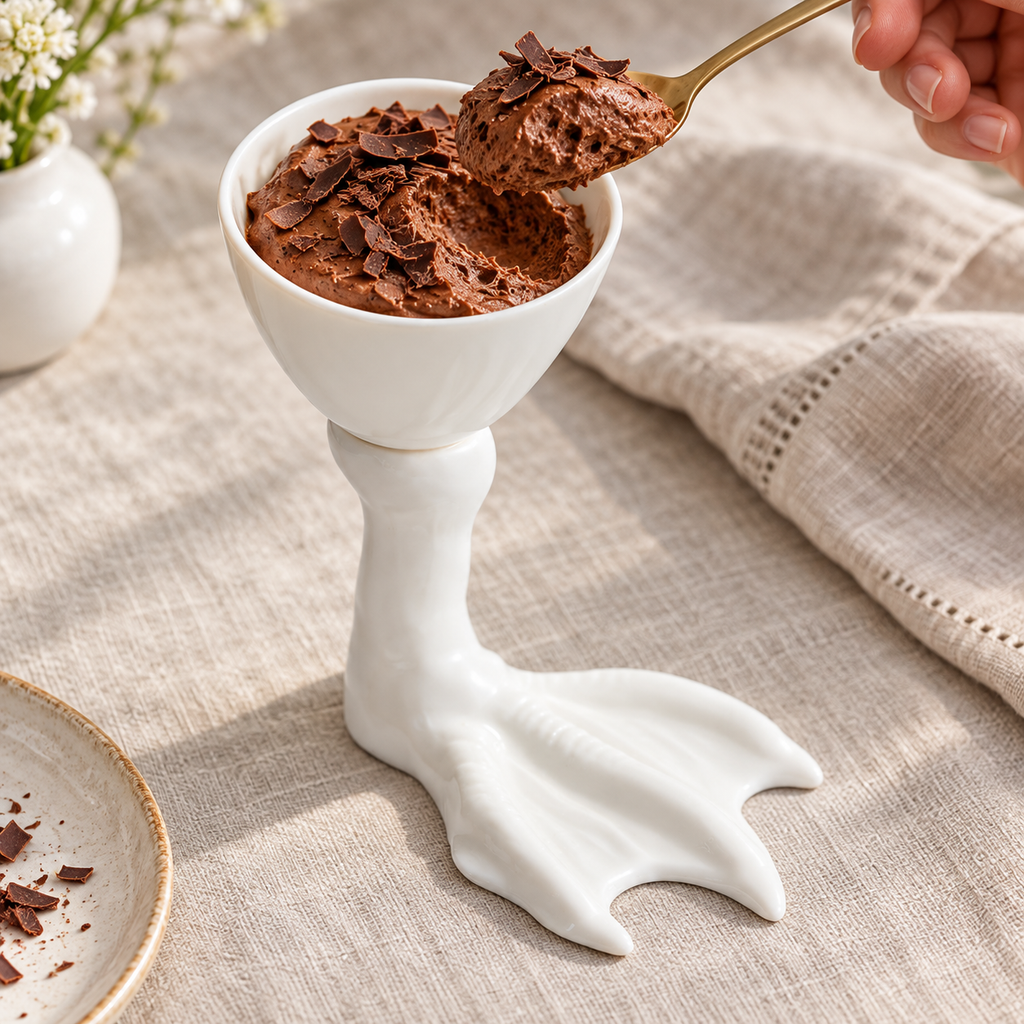 Spoon lifting chocolate mousse from deep goose-foot ceramic bowl; food and spoon not included
