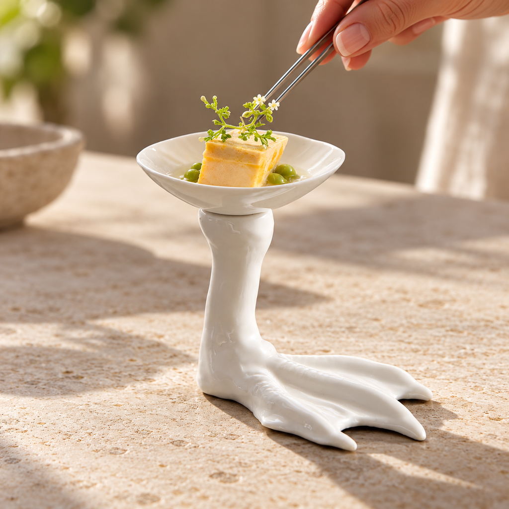 Tongs adding an appetizer to shallow goose-foot dish; food and utensils are styling props
