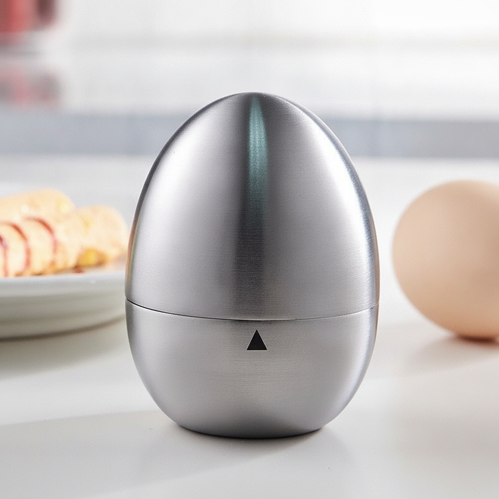 Stainless steel egg-shaped mechanical kitchen timer on a kitchen counter