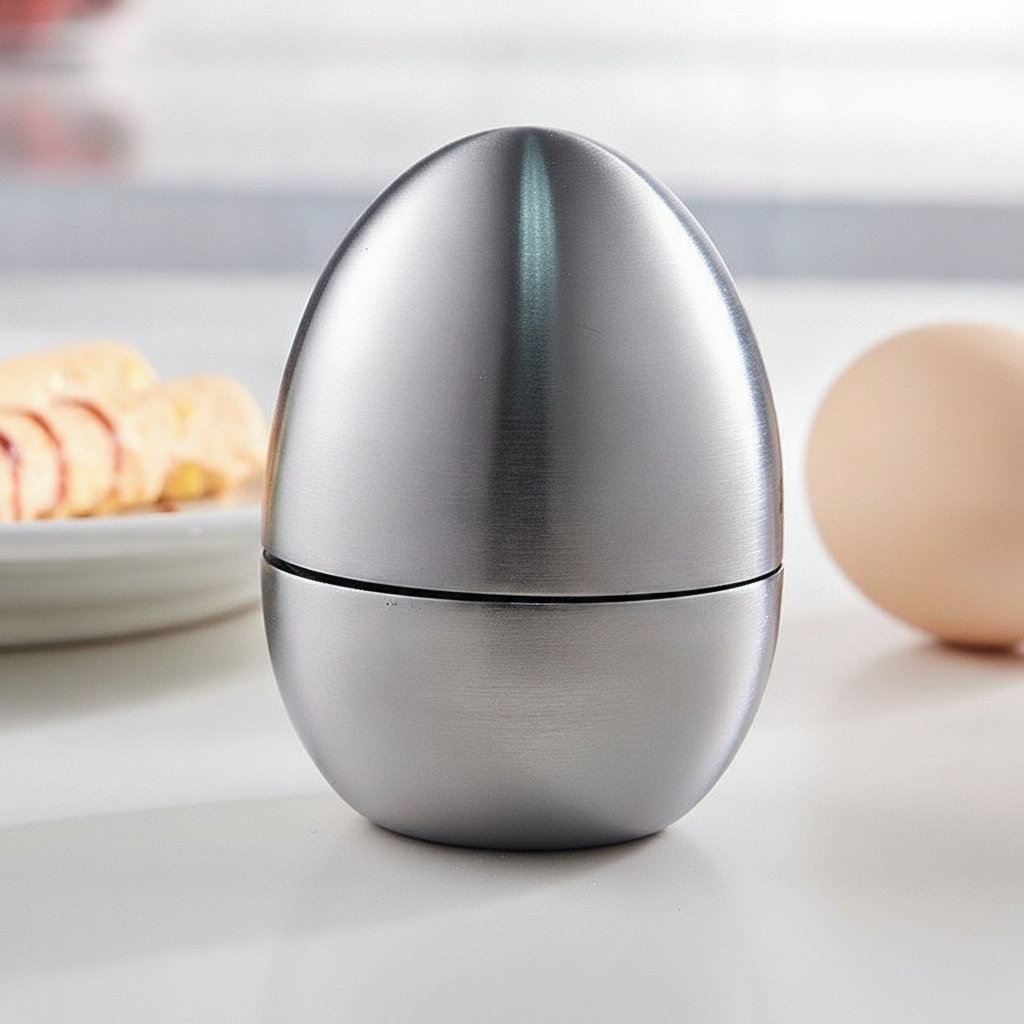 Egg timer on a kitchen counter beside fresh baking