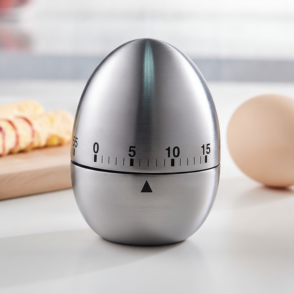 Three-quarter view of the brushed stainless steel egg timer