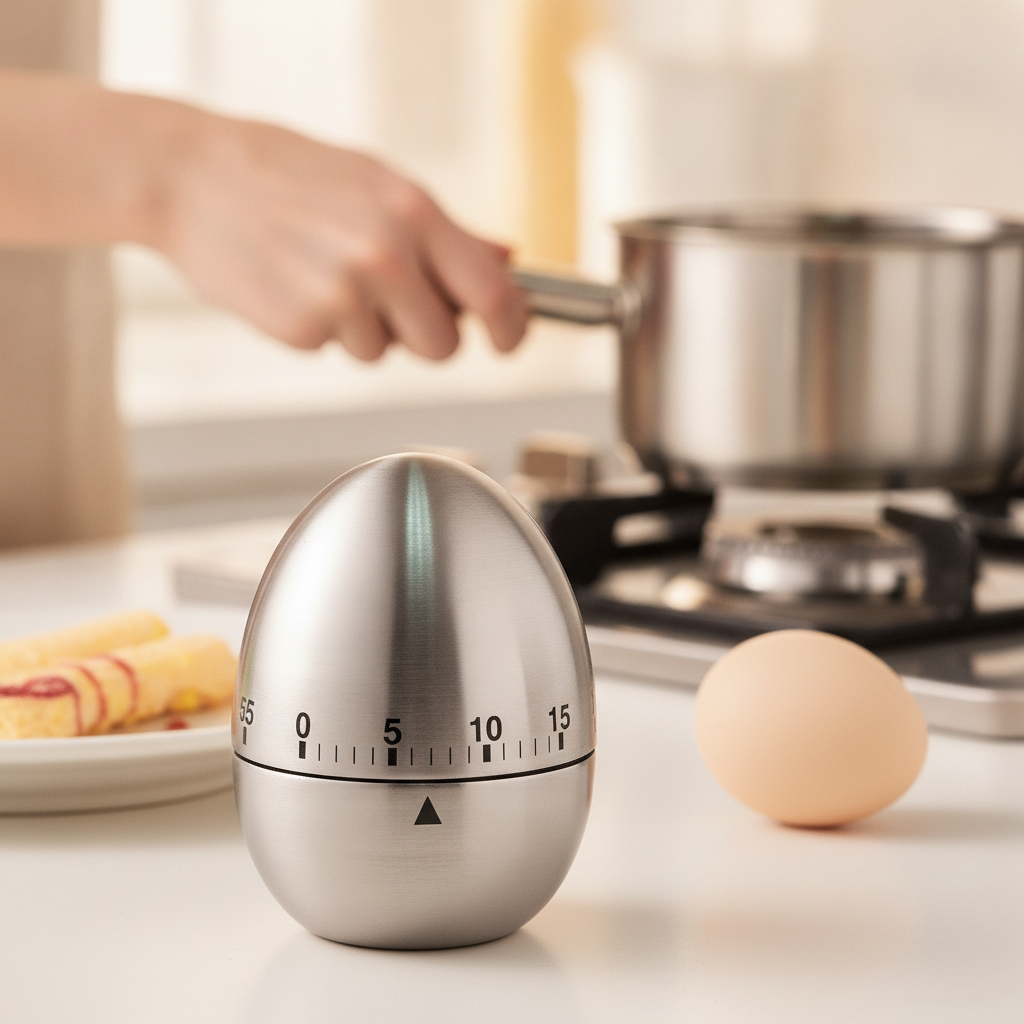 Egg timer on the counter beside a stovetop while cooking