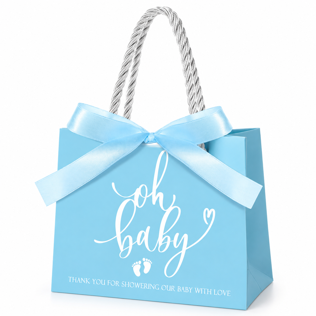Blue Oh Baby paper favor bag with pale blue satin bow and white twisted handles on white background