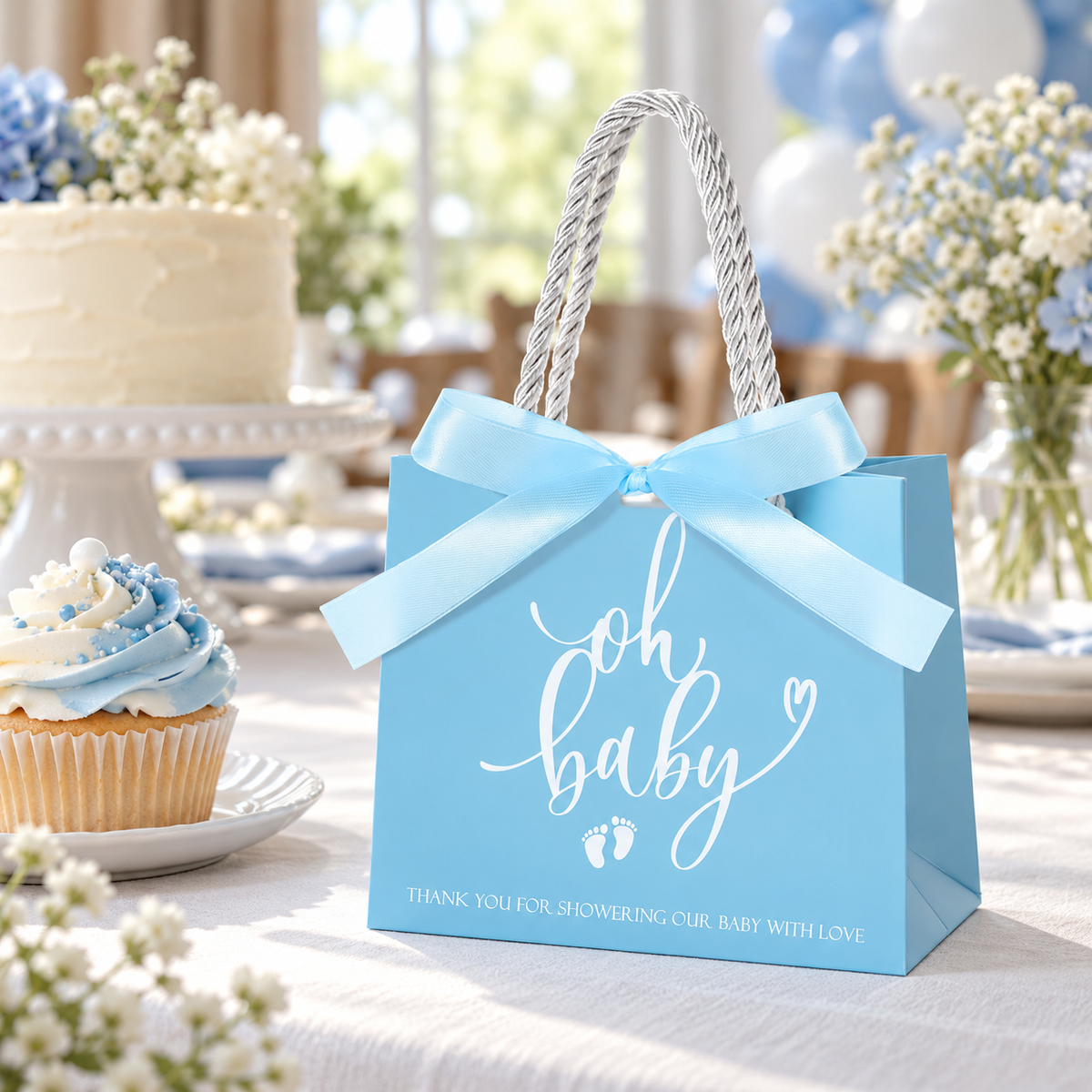 Blue Oh Baby favor bag with bow at a baby shower dessert table; food and flowers are styling props
