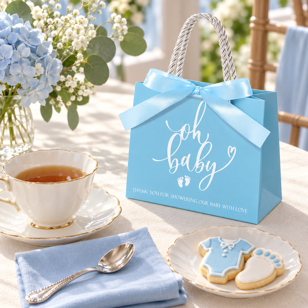 Blue Oh Baby favor bag beside a baby shower tea place setting; tableware and cookies are styling props