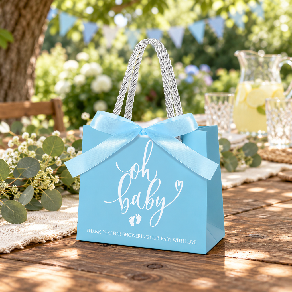 Blue Oh Baby favor bag on a garden baby shower table; surrounding decorations are styling props
