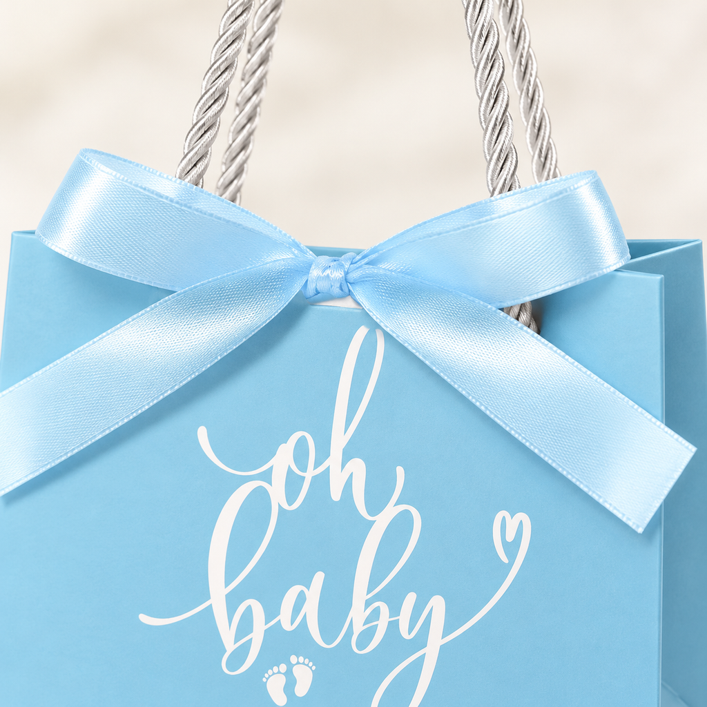 Close-up of blue satin bow, twisted cord handle and Oh Baby print