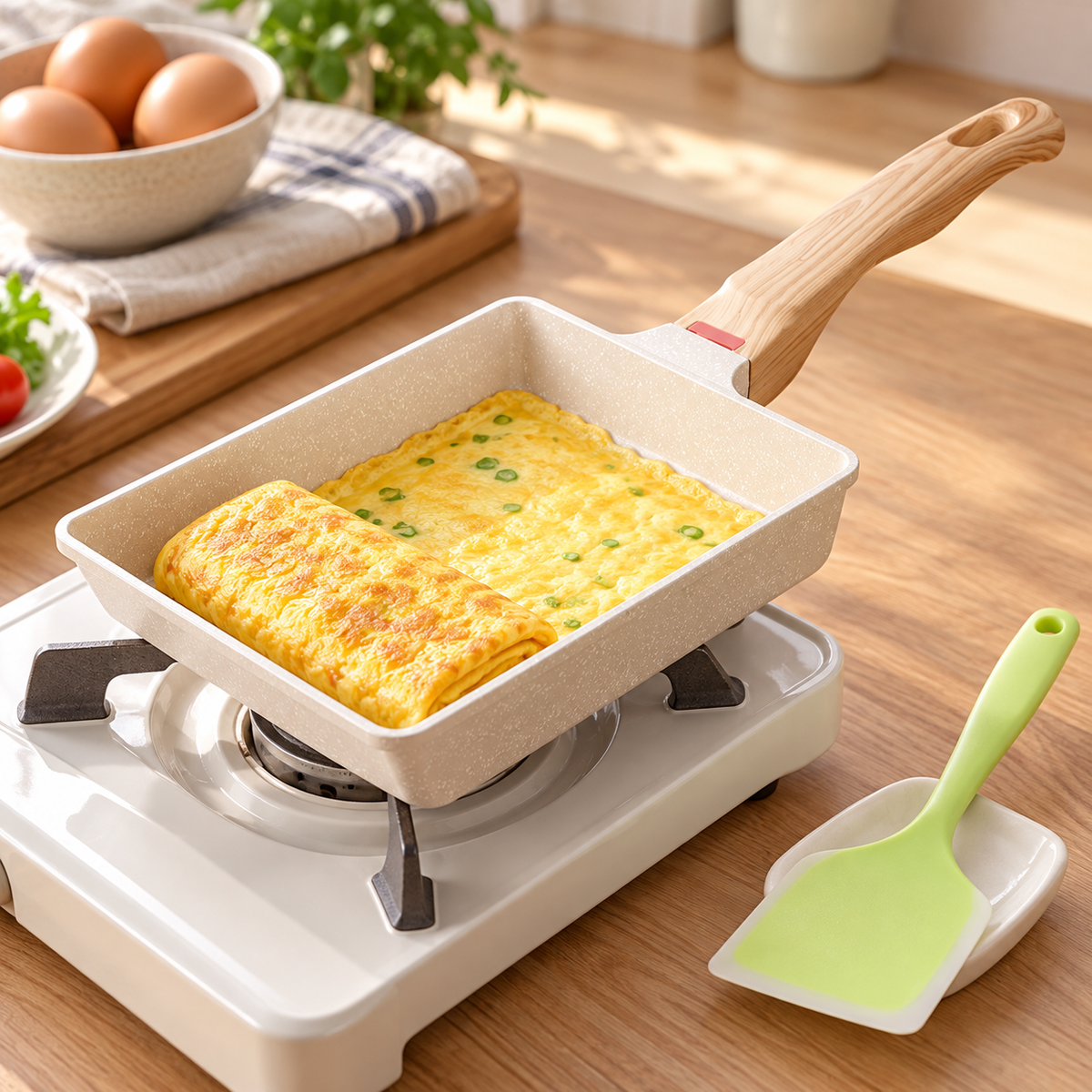 White tamagoyaki pan cooking an egg roll in a home kitchen