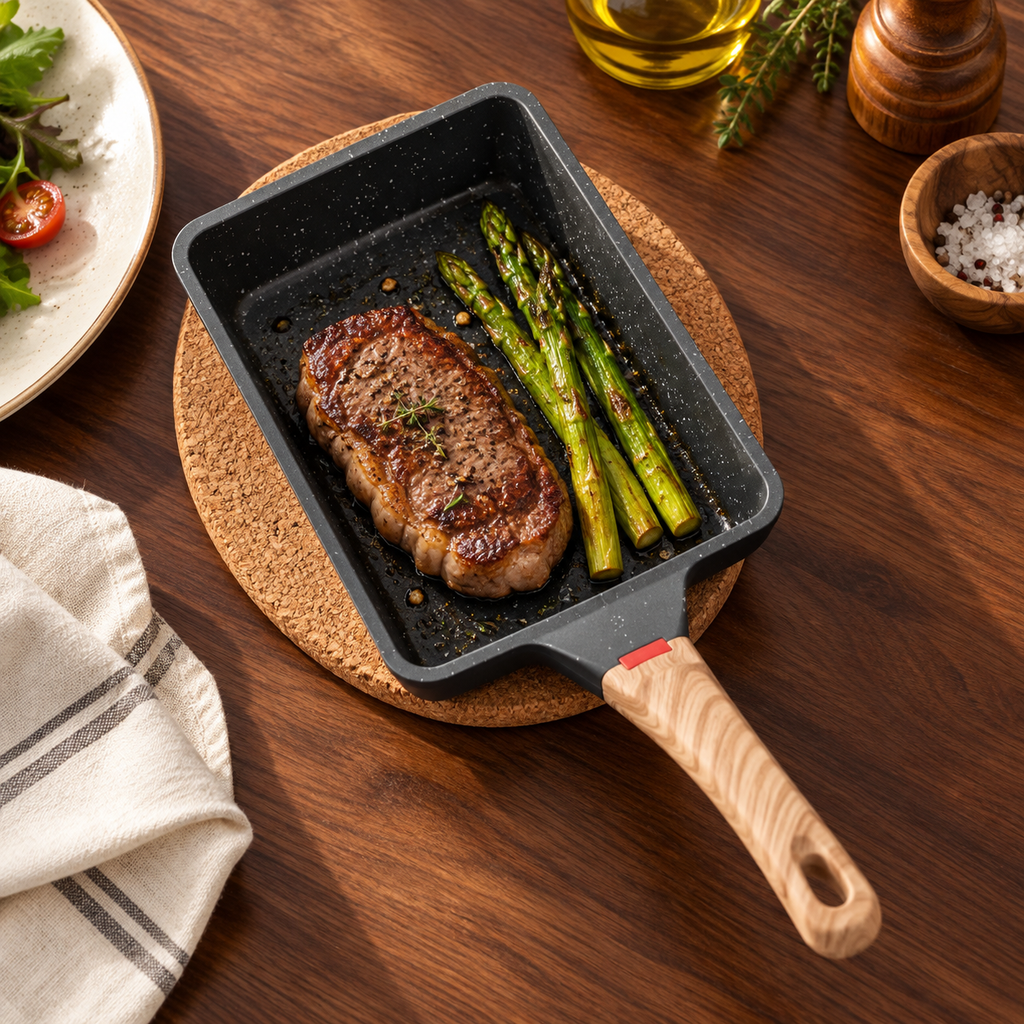 Black breakfast pan with steak and asparagus on a tabletop trivet